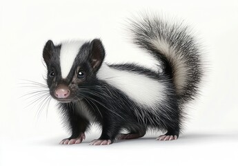 Cute Baby Skunk with Black and White Fur on White Background