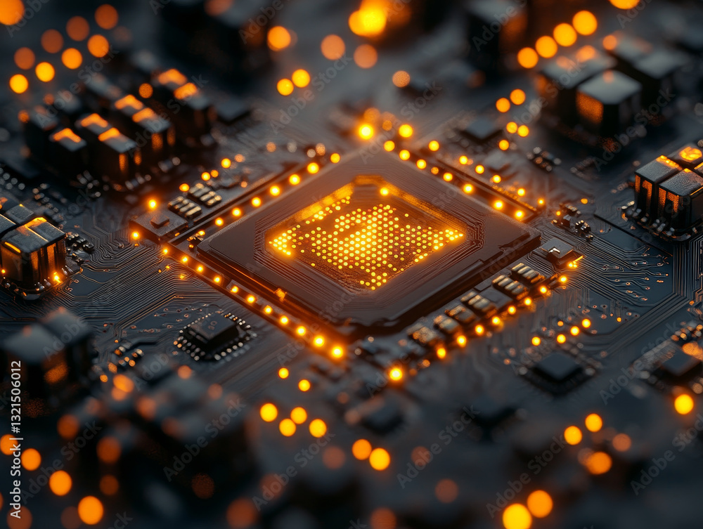 Poster close up view of glowing microchip circuit board, showcasing intricate details and vibrant