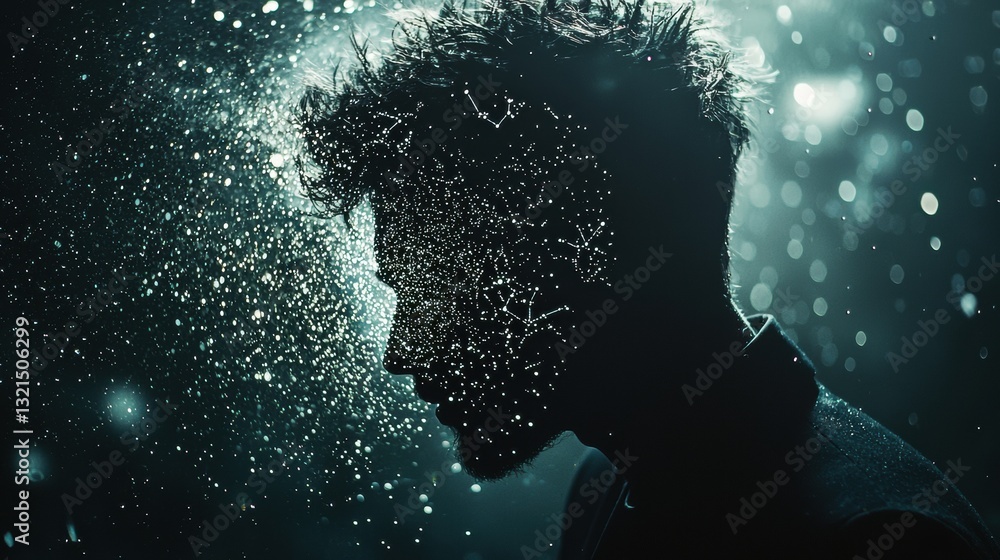 Poster elegant man in suit against a stars background with scattered light and cosmic elements for dreamy v