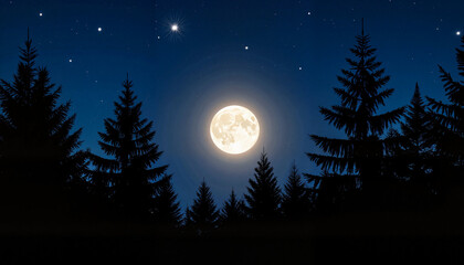 Naklejka premium Moonlit trees shimmering under starry sky, serene night scene