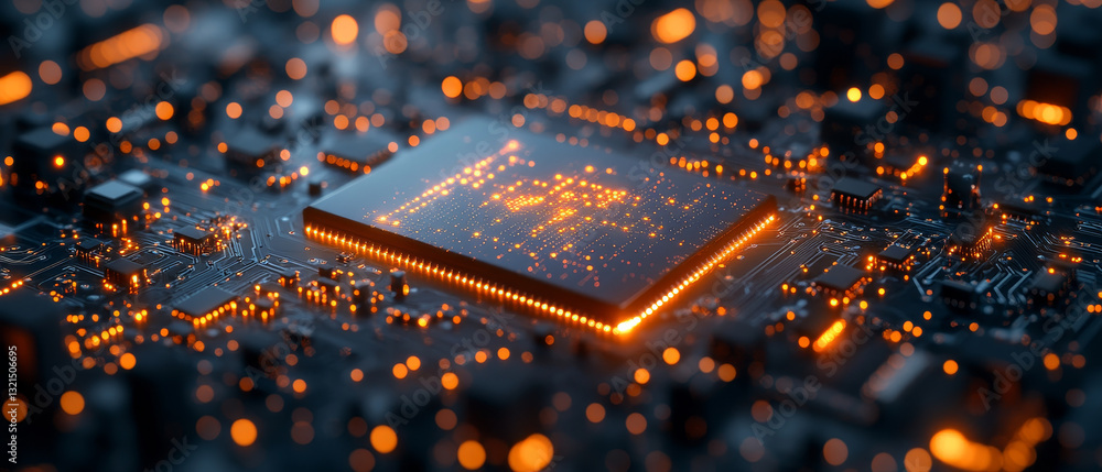 Poster ultra realistic microchip with glowing nanocircuits and intricate details