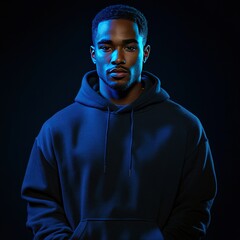Obraz premium Portrait of a young Black man in a blue hoodie against a dark background.