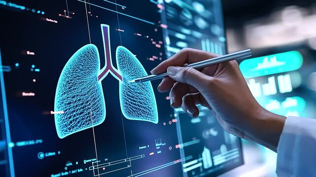 Digital kidney analysis scene, showing a doctor&rsquo;s hand using a stylus on a futuristic screen, mapping renal function in neon-blue light.