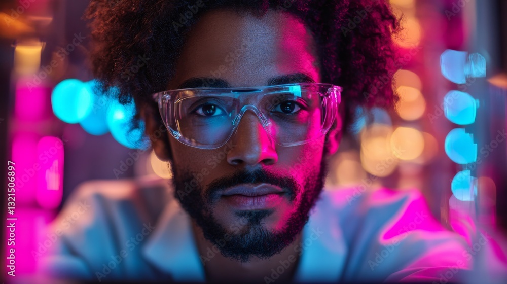 Leinwandbilder A scientist with curly hair and glasses focuses intently on quantum experiments in a colorful lab filled with glowing equipment. The atmosphere is charged with creativity and discovery.