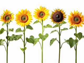 A vibrant row of sunflowers showcasing their bright yellow petals and green leaves against a clean background.