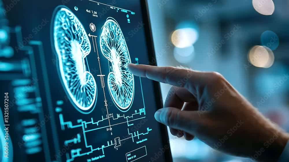 Poster close-up of nephrology tech, featuring a glowing hud. a researcher’s hand points at a digital screen
