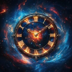 Cosmic Clock and Time Travel in Space with Swirling Nebulae and Glowing Roman Numerals