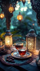 Fototapeta premium Cozy Ramadan evening with tea dates and soft glowing lanterns
