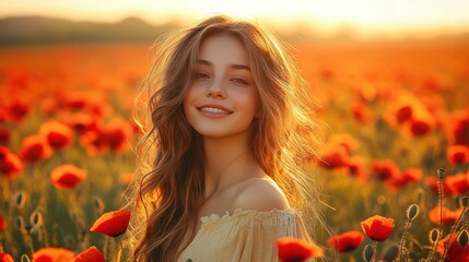 Naklejka premium Young Woman Smiling in a Field of Red Poppies at Sunset