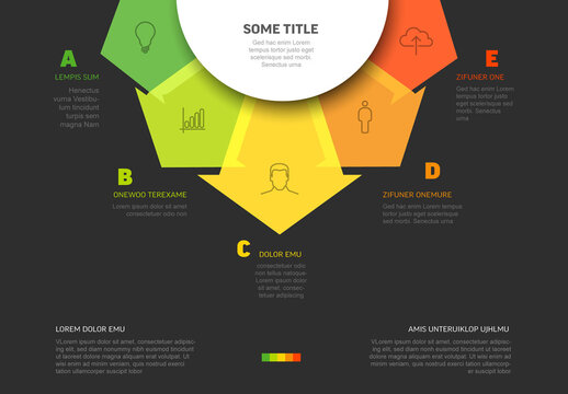Infographic dark template with five red yellow green color arrow element options on top fan infochart cheme diagram