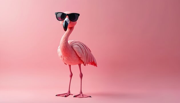 Cartoon pink flamingo wearing sunglasses stands on pink background. Tropical bird, summer animal, cute character. Funny holiday mascot, cool fauna illustration, adorable design art on vacation.