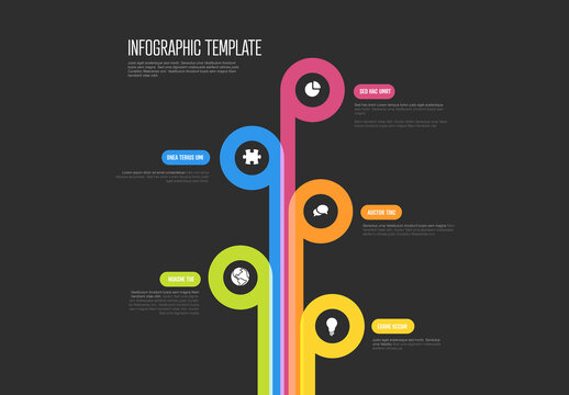 Simple dark multipurpose infographic template with five items icons description and thick line diagram