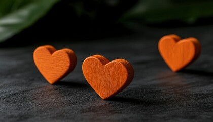 Fototapeta premium Three orange hearts on dark surface