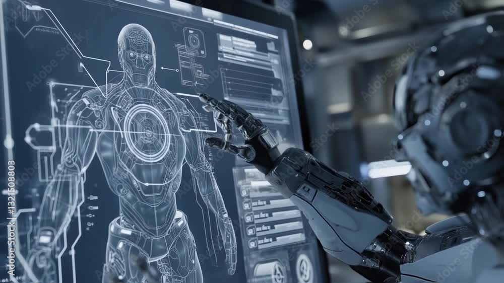 Poster complex robotic entity meticulously examines a holographic projection of a human body, navigating a 