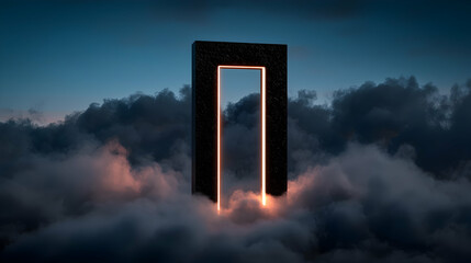 A glowing rectangular portal floating above fluffy clouds in the sky
