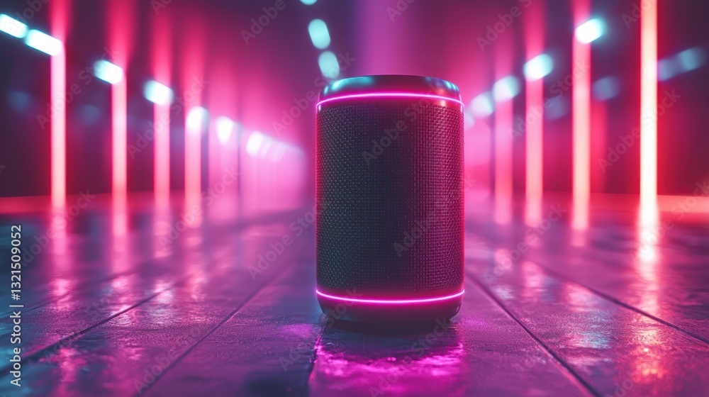 Poster a cylindrical speaker is illuminated within a glowing hallway setting