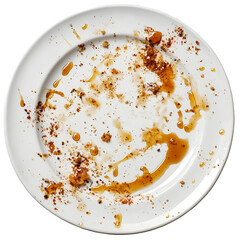 The plate surface is covered in the leftover remnants and stains from what was clearly a hearty delicious meal Oil streaks sauce smears and other food debris create an abstract