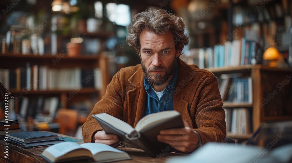 Poster A man studies quantum physics concepts, including qubits and entanglement, in a quiet library filled with books. He focuses on a large book while seated at a wooden table.