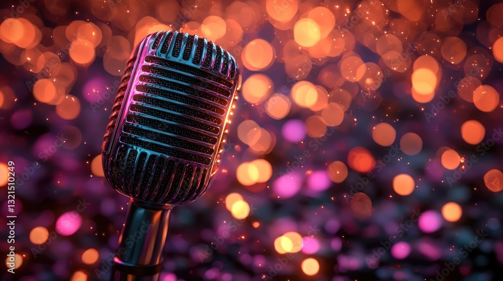 Poster vintage microphone with sparkling bokeh lights on colorful background