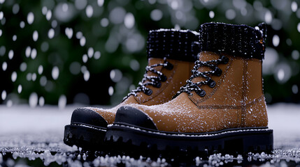 Two brown winter boots are covered by falling snowflakes outside