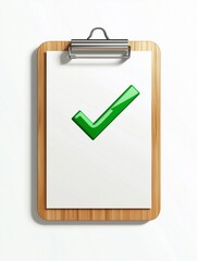 Success Verified: A wooden clipboard holds a blank paper with a vibrant green check mark, emphasizing completion and confirmation.