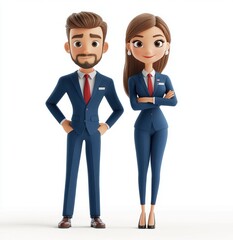 3D Cartoon Business Professionals in Matching Blue Suits with Red Ties Confidently Standing Together
