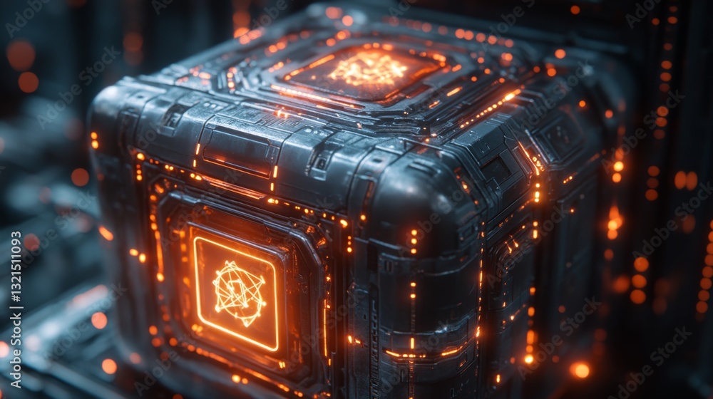 Fototapete A detailed representation of a quantum computing cube embedded with circuits symbolizes qubits and quantum mechanics principles related to encryption and security.