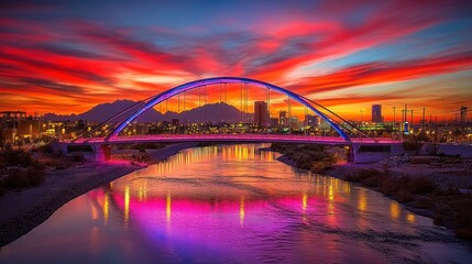 Fototapeta premium A brightly lit bridge over a calm body of water at sunset