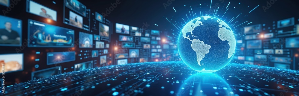 Aufkleber concept of digital content, social network, streaming video. holographic earth globe with streaming 