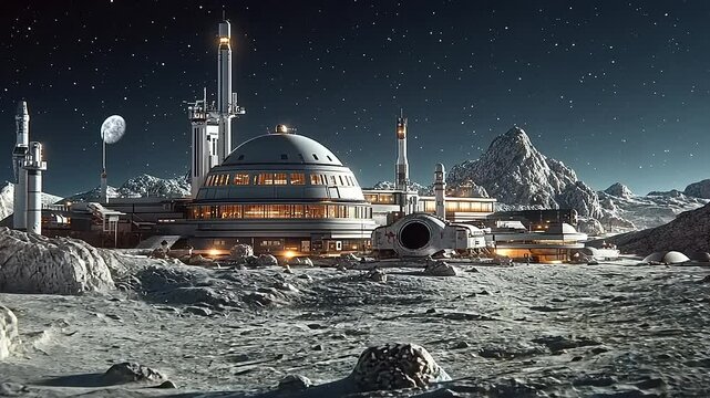 Futuristic lunar base with advanced architecture and spacecraft under a starry sky on the moon