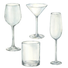 Glasses watercolor set. Empty champagne, wine martini glasses hand drawn illustration.