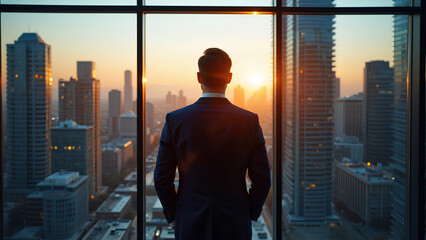 A businessman gazes at a sunset over a city skyline, contemplating future opportunities while standing by a large window.