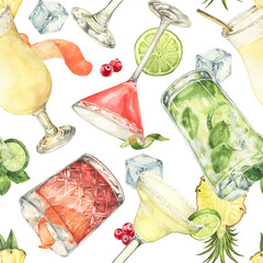 Cocktails glasses watercolor seamless pattern Negroni, whiskey bloody mary, cosmopolitan, mojito, pina colada, margarita Elements for bar menu, packaging