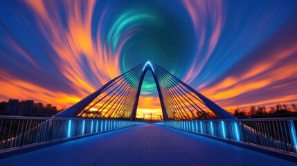 Obraz premium Futuristic illuminated bridge with swirling sky, urban infrastructure
