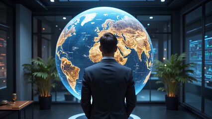 A business professional observes a glowing, interactive globe, surrounded by high-tech displays and greenery in a modern office environment.