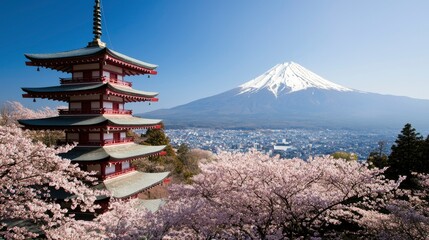 Pagoda, Mt. Fuji, Cherry Blossoms