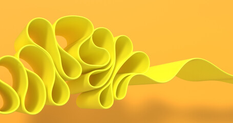 An abstract composition with a swirling yellow ribbon-like element set against a slightly darker yellow background.