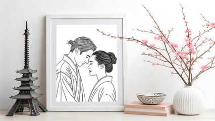 Minimalist line drawing Japanese couple