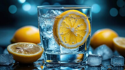 Hydrating Citrus Lemon Water with Ice Cubes and Bokeh Background