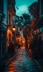 Fototapeta premium Romantic twilight stroll through a quaint european town with old architecture and cobblestone streets