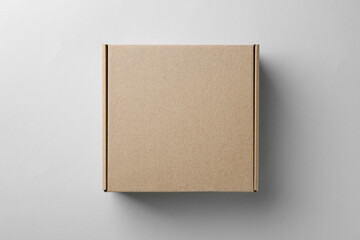 One blank cardboard box on white background, top view. Mockup for design