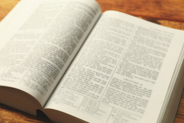 Obraz premium Open Holy Bible in English language on table, closeup