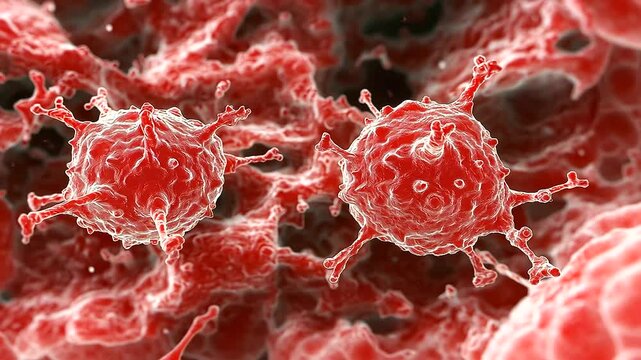 Close-up D medical illustration of leukemia cells, showing abnormal tumor formations at a cellular level. The high-resolution microscopic view enhances the complex structure of th
