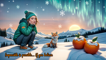 Naklejka premium Whimsical winter fantasy scene with a girl and a fox under northern lights