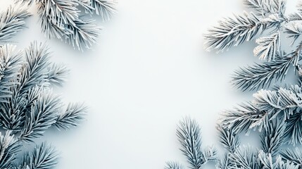 Obraz premium Snow-covered evergreen branches framing a serene winter background.