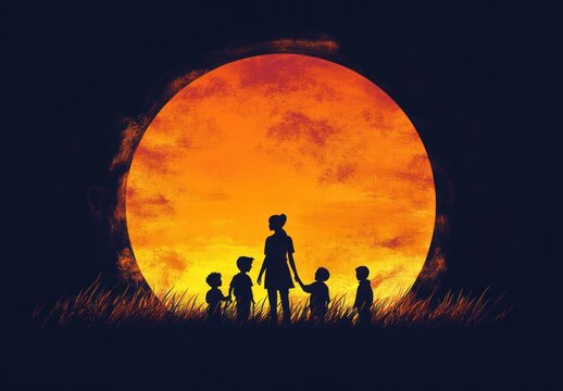 Teacher and Students Silhouette Under Sunset Minimalist Illustration for Teacher's Day Celebration Background