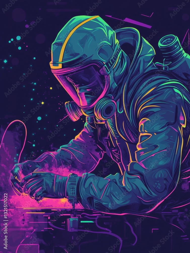 Aufkleber astronaut typing on computer in space suit, scene for futuristic or sci-fi concept