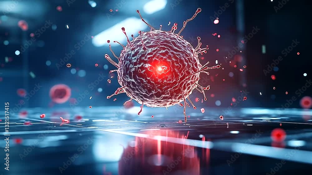 Poster leukemia cell floating in a futuristic microscopic environment, with a glowing, textured nucleus and
