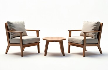 Fototapeta premium Modern outdoor wood living set for minimalist home design. Two chairs with armrests and cushions near small round table. Stylish furniture for exterior or interior, place to relax.
