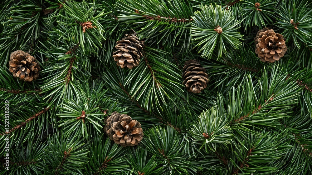 Poster pine tree branches with fresh green needles and small cones.